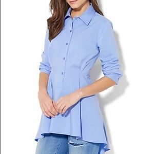 Button down poplin tunic hi lo peplum top
